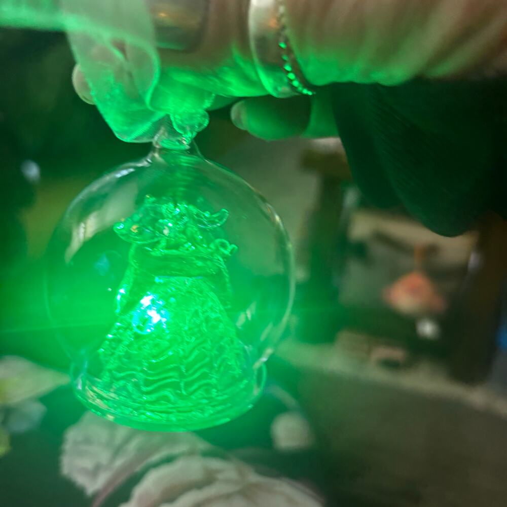 LED Lit Christmas Tree Ornament Round Blown Glass Center Reindeer Multi Color